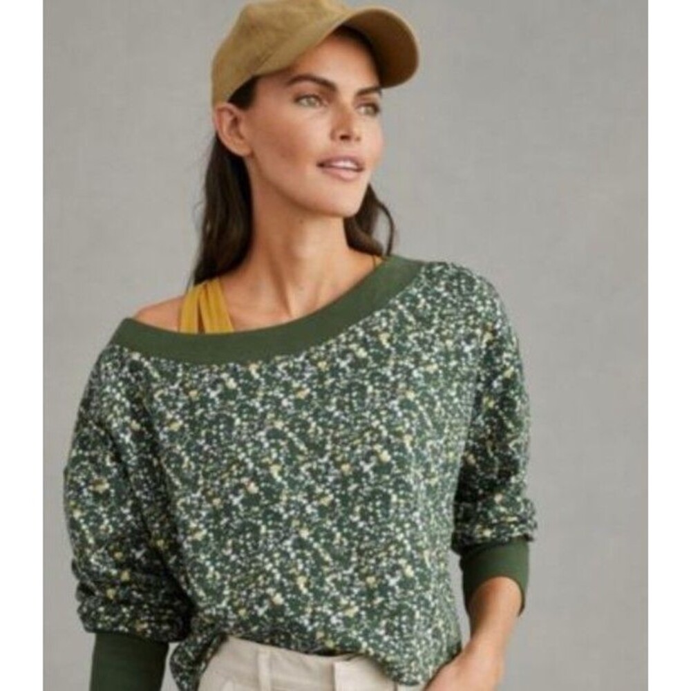 Daily Practice Anthropologie Green Printed Boatneck Crop Sweatshirt - L